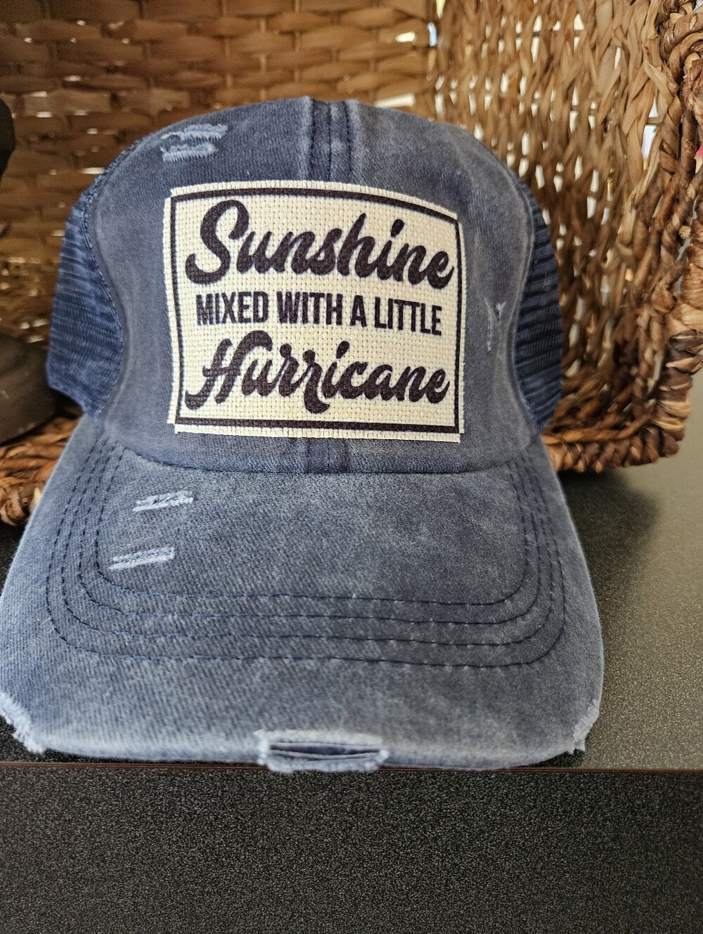 NWOT Sunshine Mixed With A Little Hurricane Distressed Navy Trucker Hat